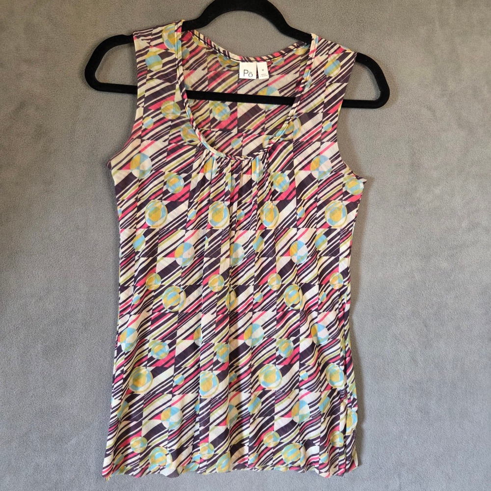 Po Abstract Sleeveless Mesh Tank Top Womens Medium Geometric Retro Mod Casual